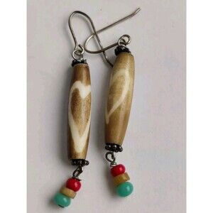 Vintage Estate Ethnic Style Wood Horn Tribal Beaded 2" Earrings